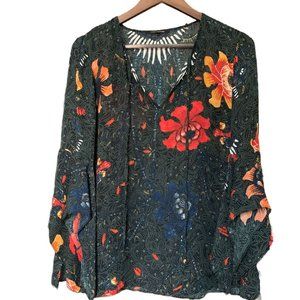 100% Silk Kobi Halperin Blouse with Floral Pattern and Flare Sleeves